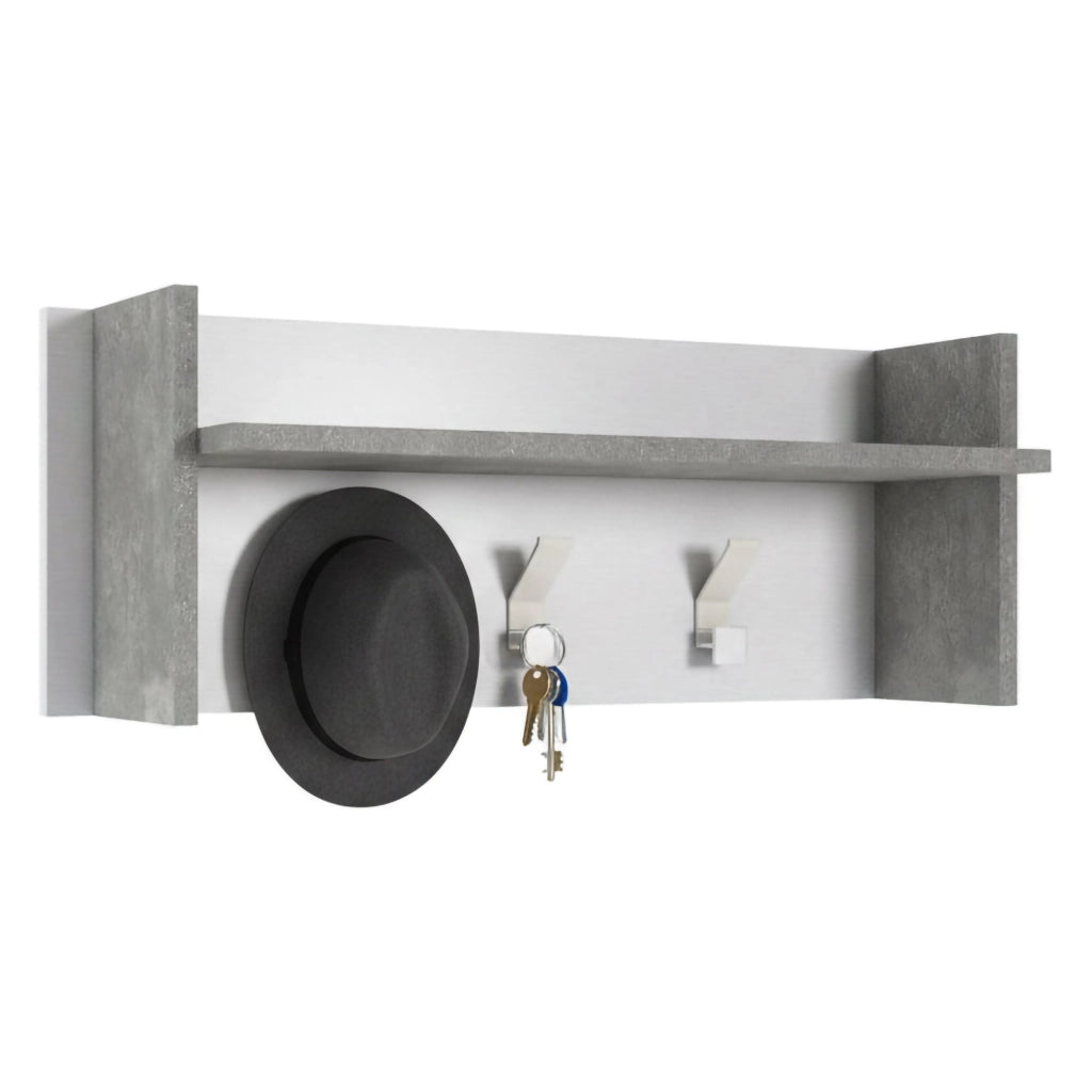 Mobile da ingresso Angry, Mobile appendiabiti con 3 ganci, Mensola portaoggetti da ingresso, Made in Italy, Cm 90x29h34, Bianco e Cemento
