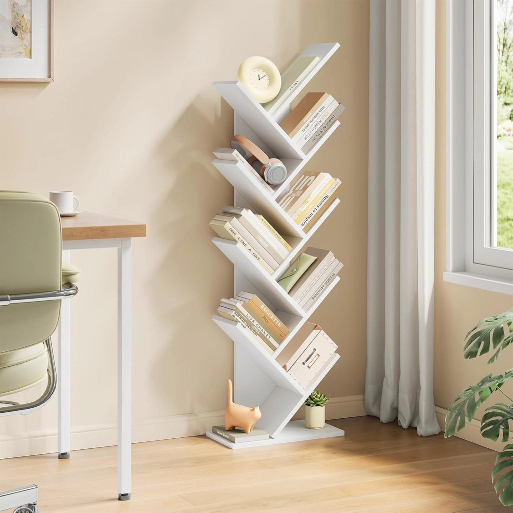 Libreria ad Albero Moderna Scaffale Salvaspazio a 9 Ripiani in Legno Porta Libri per Soggiorno Camera Studio Bianco, 40x20x127cm