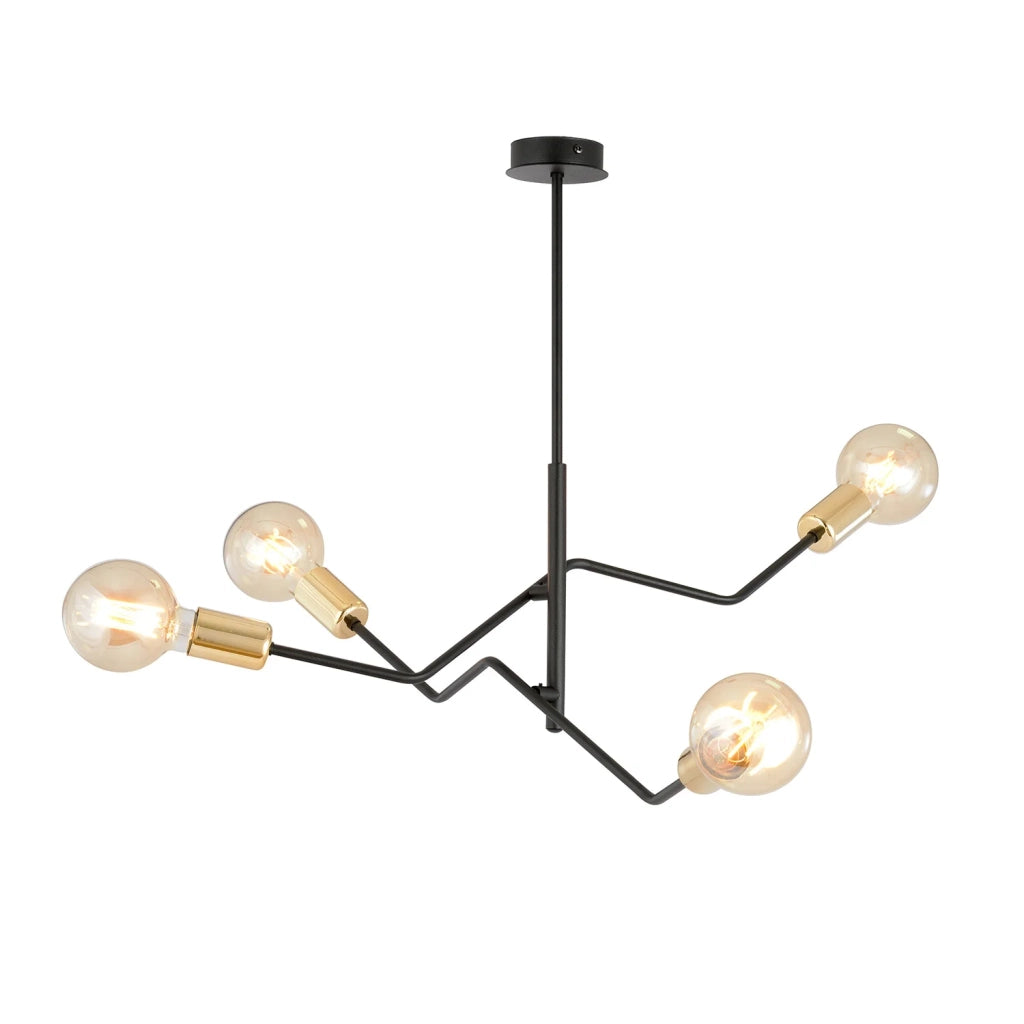 Sospensione Industrial 4 Luci Temi In Acciaio Nero E Oro Bracci Regolabili