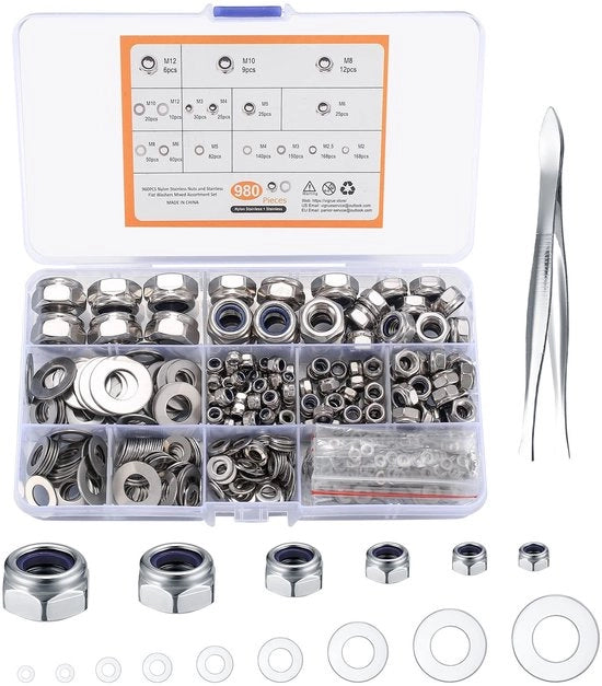 Borgmoeren in Acciaio Inossidabile - 980 Pezzi - Anelli di Rete Autoferenti - Raccordi a Flangia Piana - Dimensioni M2.5/M3/M4/M5/M6/M8/M10/M12 - Materiali Resistenti - Borgmoeren con Raccordi