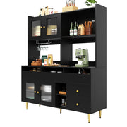 Credenza Alta da Cucina con Cassetti; Vani Aperti e Portabottiglie; Ante in Vetro Rigato; in MDF; 145 x 39 x 171 cm; Nero
