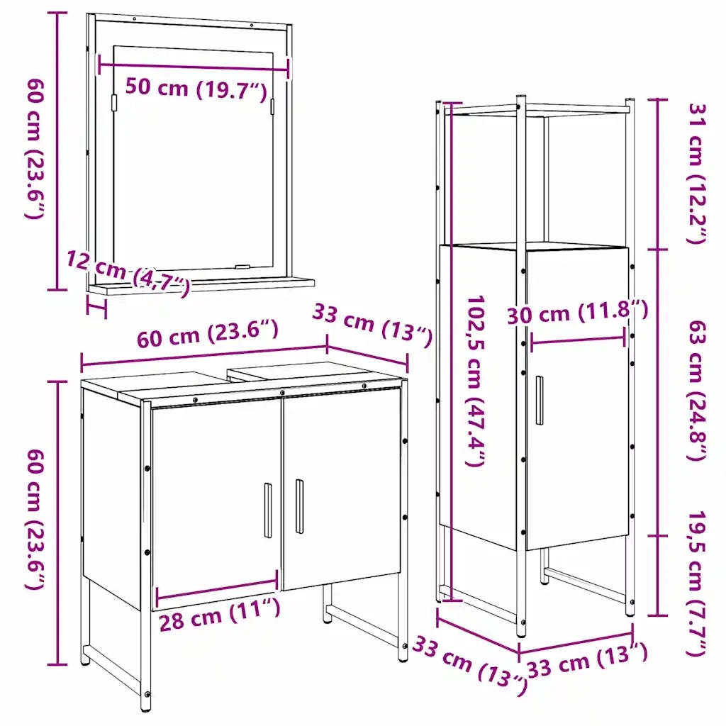Set di mobili per il Bagno | Armadio da bagno 3 pz Marrone Legno multistrato