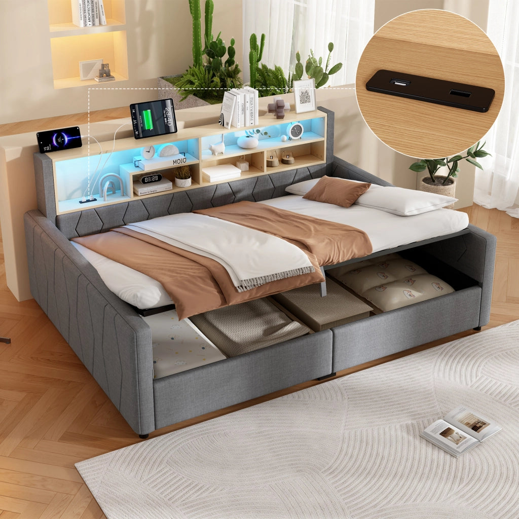 Letto contenitore 140x200 in lino grigio con luce LED regolabile