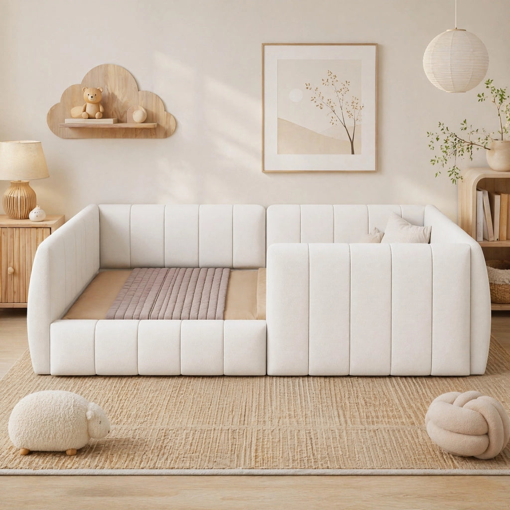 Letto imbottito 90x200 cm con sponde di sicurezza in MDF e velluto beige