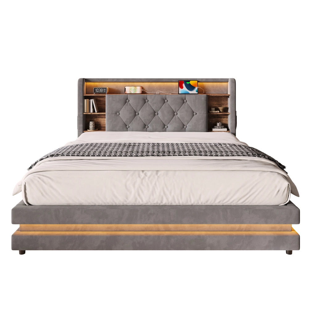 Letto imbottito con contenitore 140 x 200 cm in velluto, testiera multifunzione con ripiani aperti, LED, 2 USB e Type-C, grigio scuro