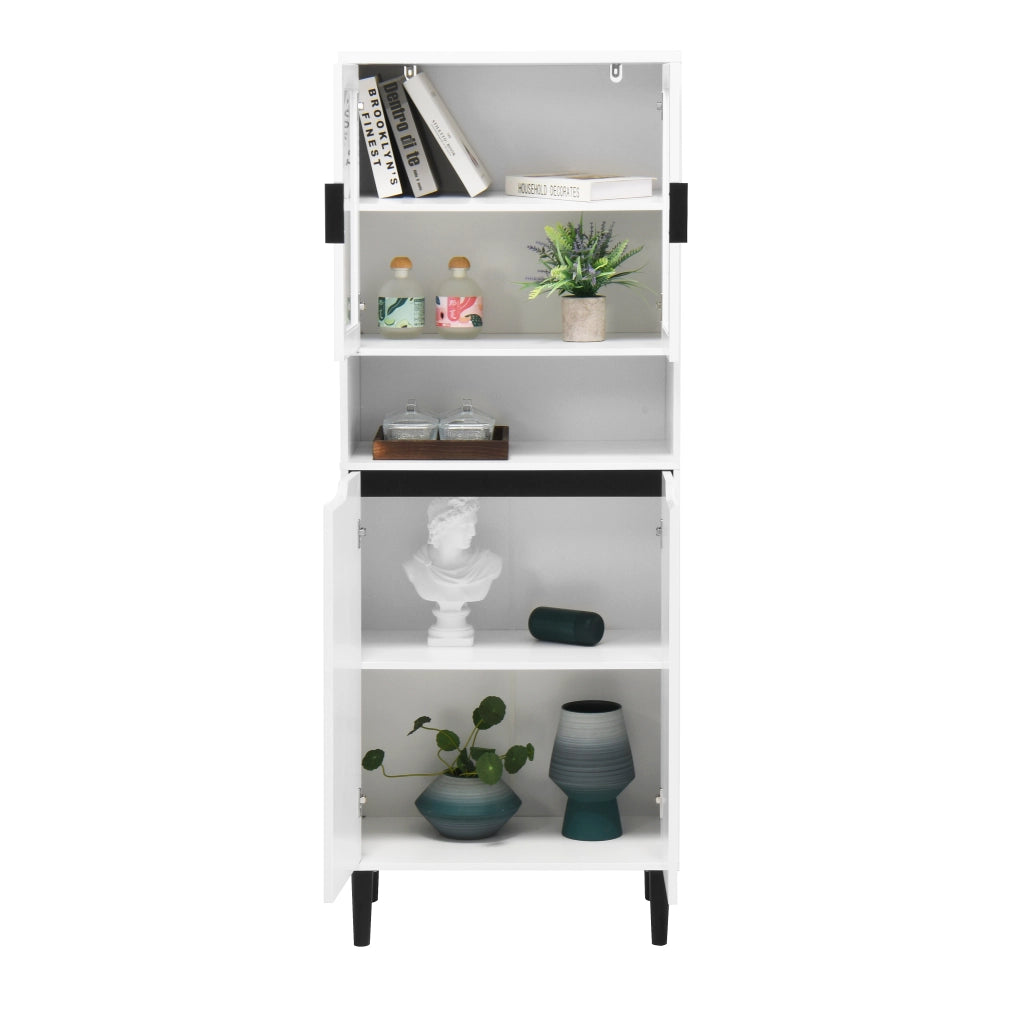 Libreria Alta con 4 Ante e Ripiani Regolabili; Ante in Vetro Temperato; Stile Moderno; in MDF Laccato; Bianco