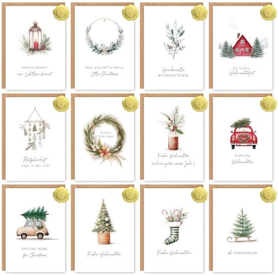 Set di cartoline natalizie da 12 pezzi - A6 cartoline di auguri con buste - Pagine interne bianche - Disegni aquarello manuale - Inclusi adesivi