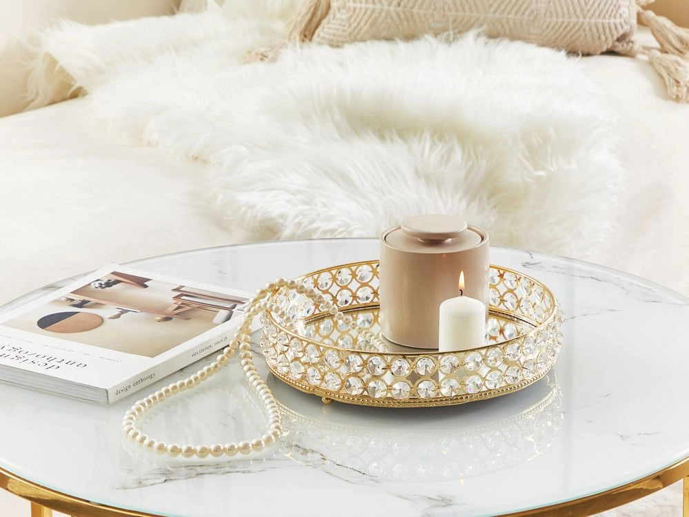 Vassoio decorativo in ferro dorato e vetro specchiato rotondo con strass da tavolo con i glamour