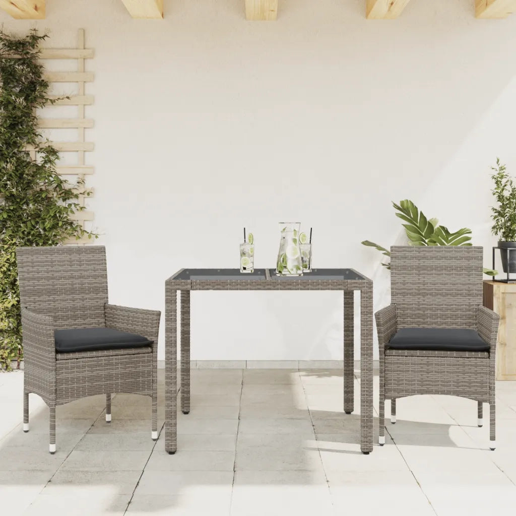 Set da Pranzo da Giardino 3pz | Set Salotto da Giardino con Cuscini in Polyrattan e Vetro