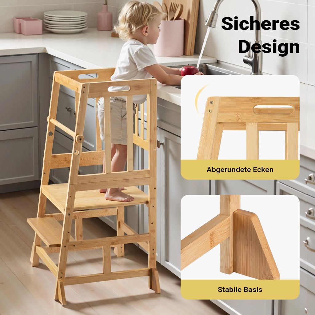 Torre di apprendimento per bambini 57 x 46 x 90 cm in bambù, torretta con ringhiera, sgabello per bambini con barra di protezione