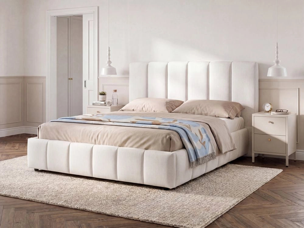 Letto matrimoniale contenitore con trapuntatura verticale in tessuto bianco sporco 180x200 cm struttura sollevabile e testiera alta