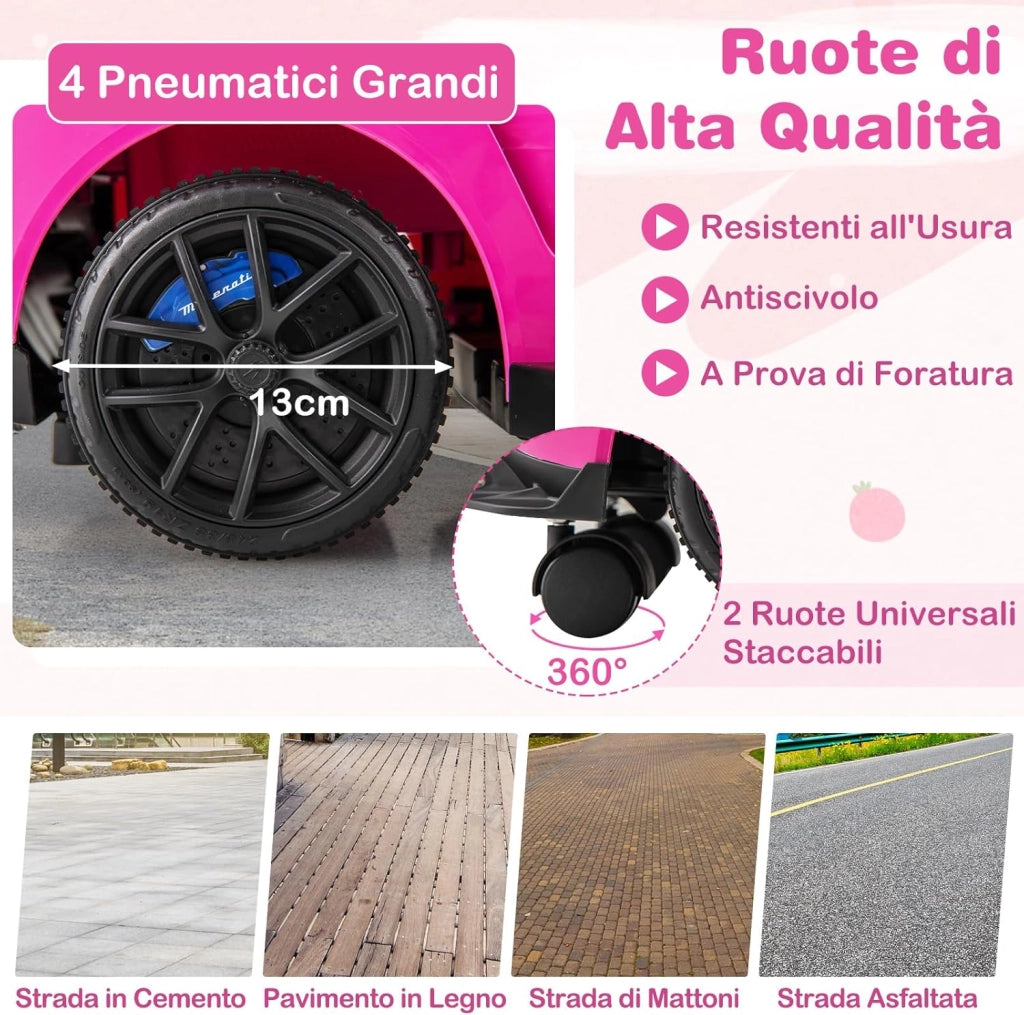 3 in 1 Maserati Auto da Spinta, Auto Scorrevole con 2 Ruote Universali Volante Musicale Paracolpi e Manubrio, Macchina Cavalcabile con Ripostiglio per Bambini 18-60 Mesi (Rosa)