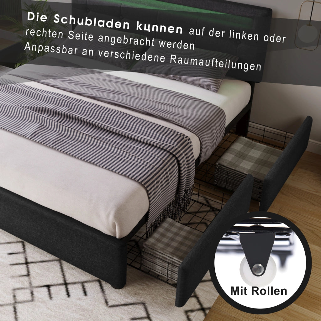 Letto con Cassetti 140 x 200 cm; Letto Matrimoniale con 4 Cassetti; Testiera Regolabile e LED; senza Materasso; Nero