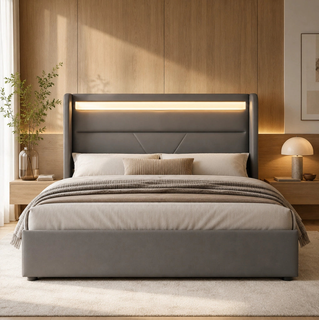 Letto contenitore imbottito ULEVR 160x200 cm con LED RGB e telecomando, sollevamento idraulico, PU grigio