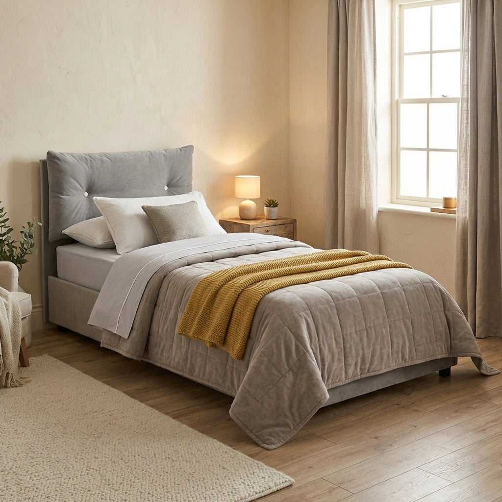 Letto singolo Amaro, Letto contenitore con rivestimento in tessuto, Made in Italy, Apertura frontale, adatto per materasso cm 80x190, Grigio