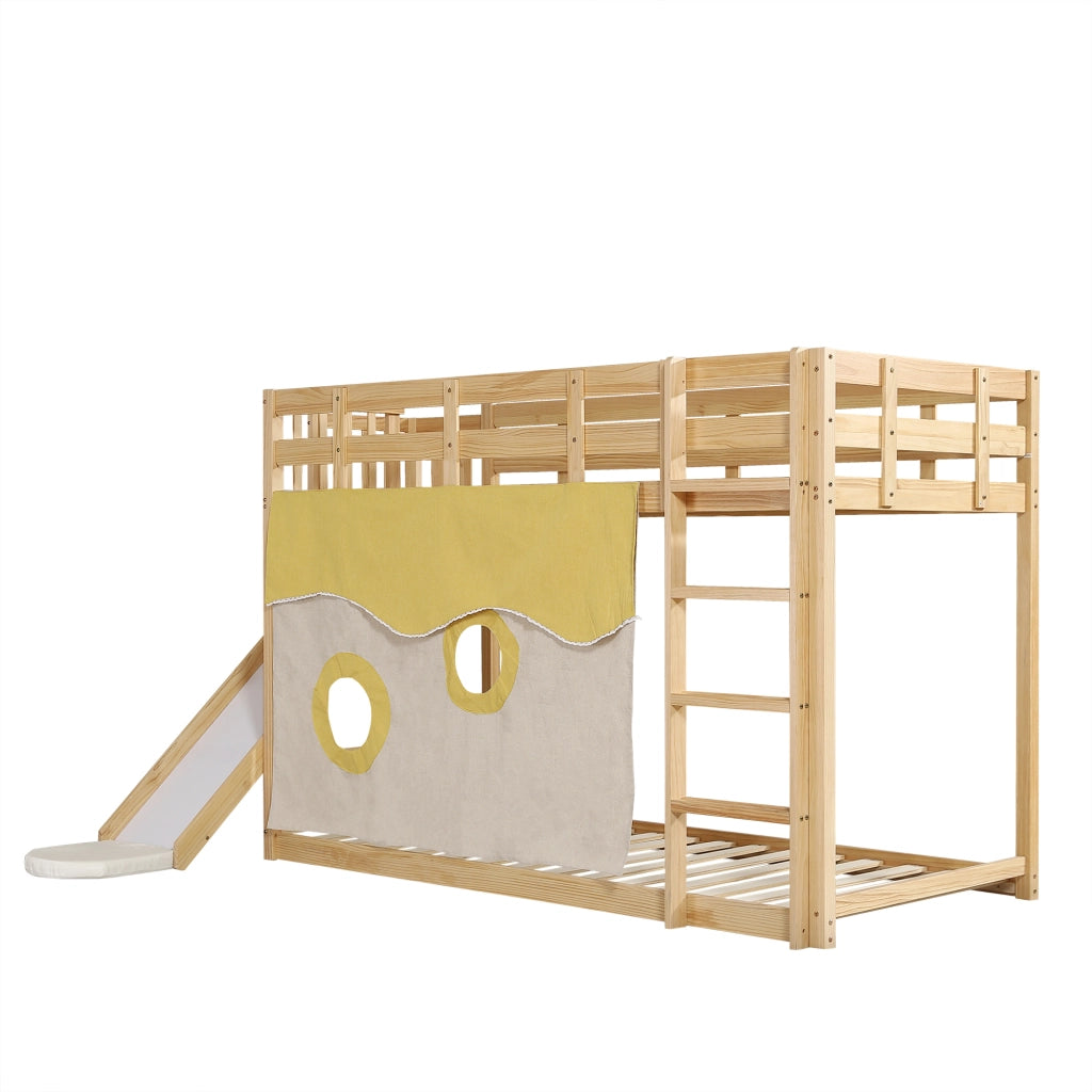 LETTO A CASTELLO con scivolo e scala 90x200 cm MDF e pino naturale con tende