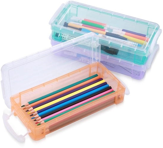 Pacchetto da 3 di scatole per pennarelli stivocabili 3 colori, organizzatore per ufficio, scatole trasparenti per pennarelli e contenitore per penne