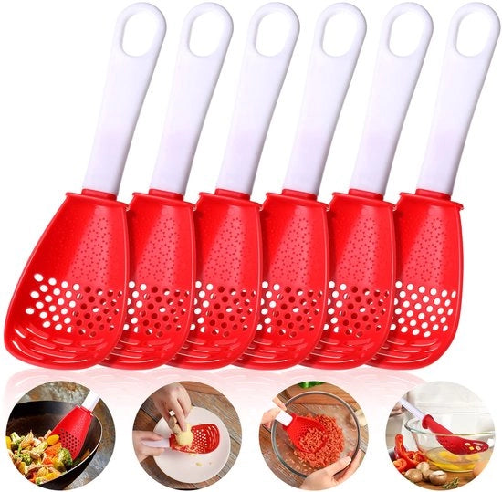 Set di cucchiai multifunzionali da 6 pezzi, cucchiaio di acciaio inossidabile, setaccio, schiacciapatate, separatore di uova, filtro per polvere, set di malta, sifone e purificatore (rosso)
