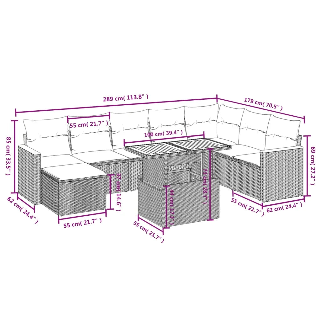 Set Divano da Giardino 9 pz con Cuscini Beige in Polyrattan 3273214