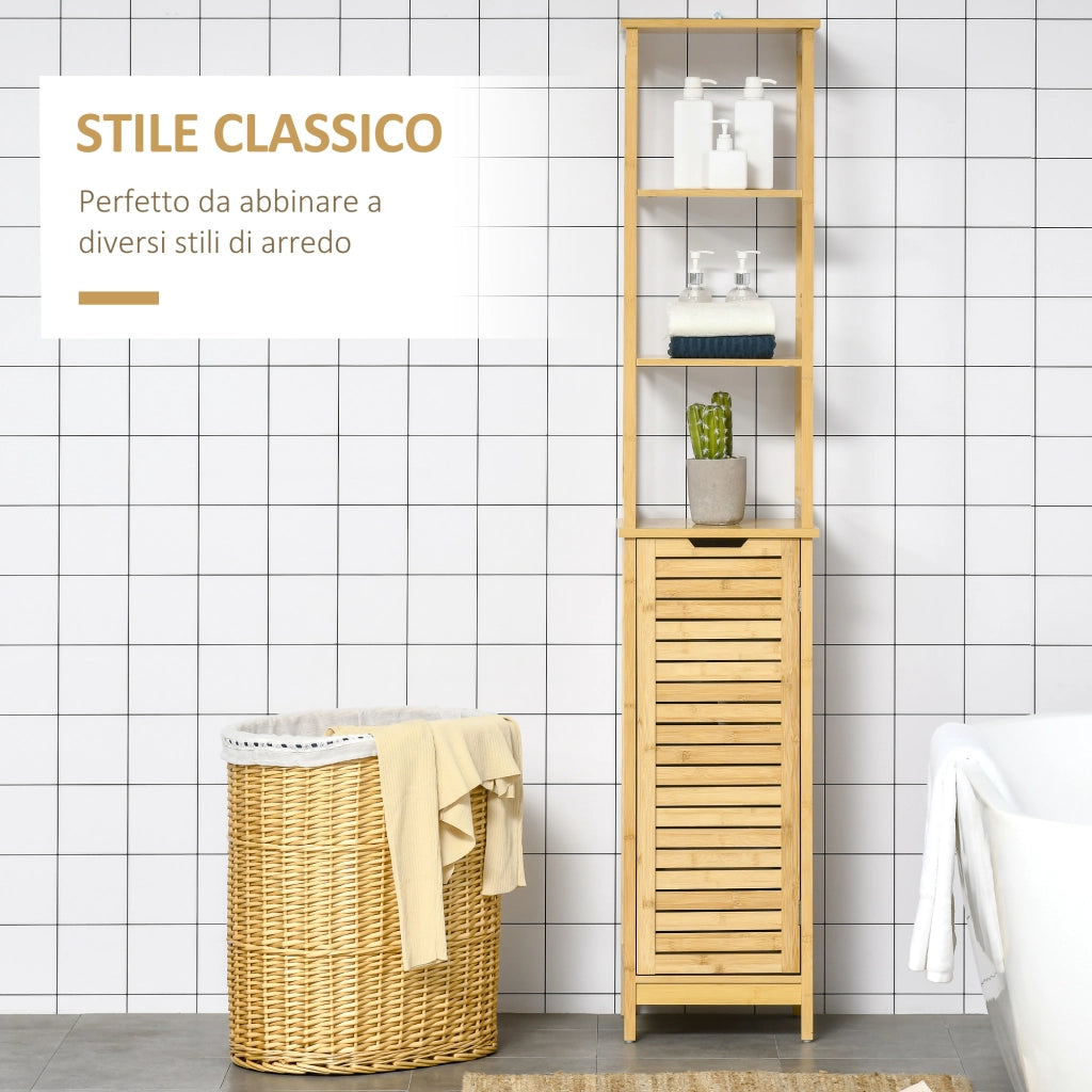 Mobile Bagno a Colonna in Bambù con 3 Ripiani e 1 Credenza Design a Doghe Salvaspazio 34x30x173cm