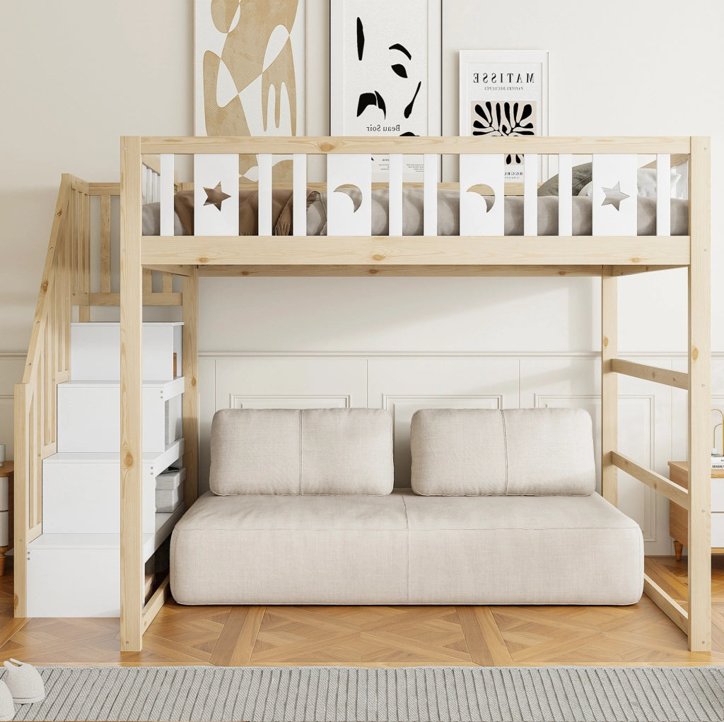 Letto a soppalco per bambini 140x200 cm in legno massello; con scala e ripiani; naturale e bianco