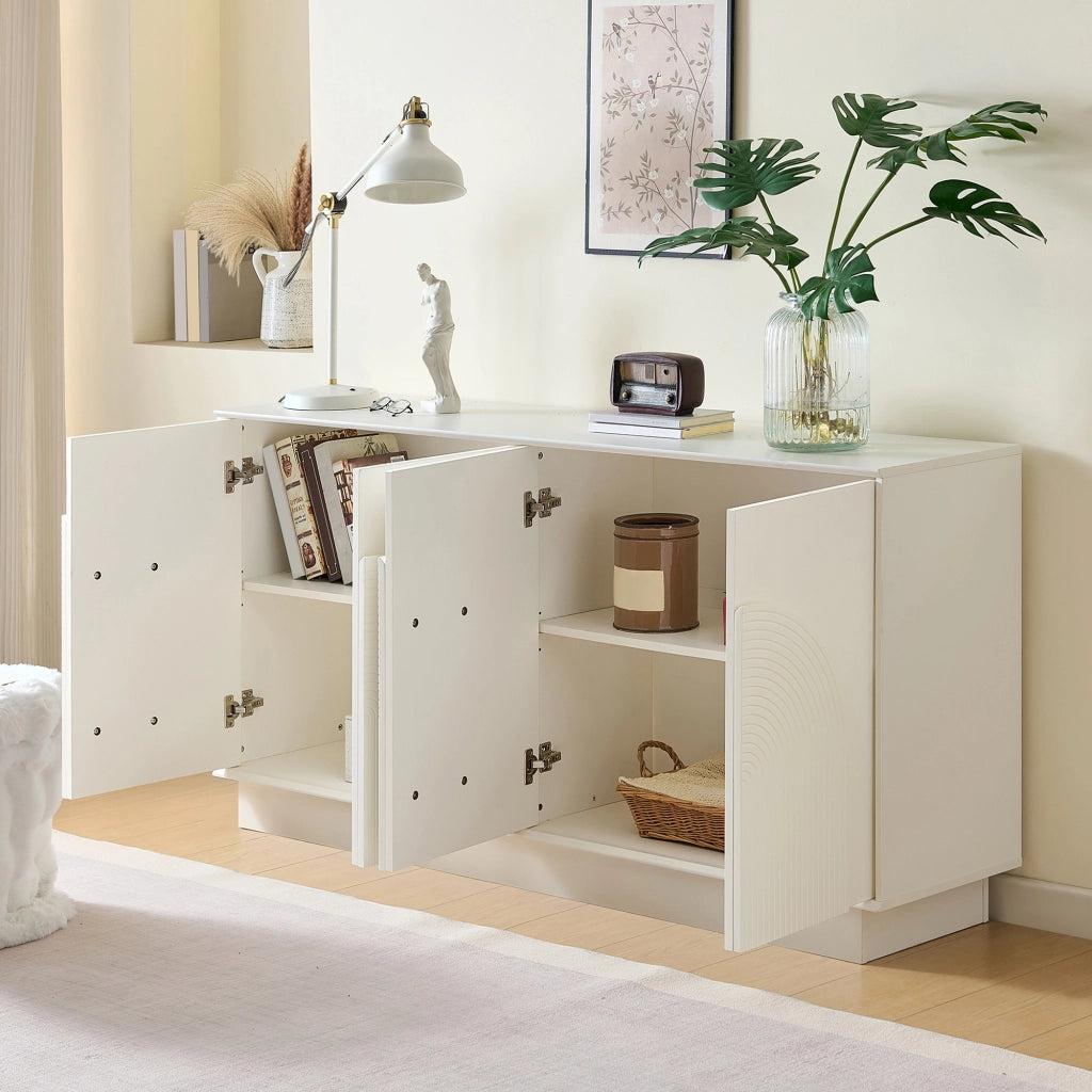 Credenza con ante decorative arrotondate, 4 ante, in MDF, finitura opaca, 160 x 38 x 80 cm, bianco