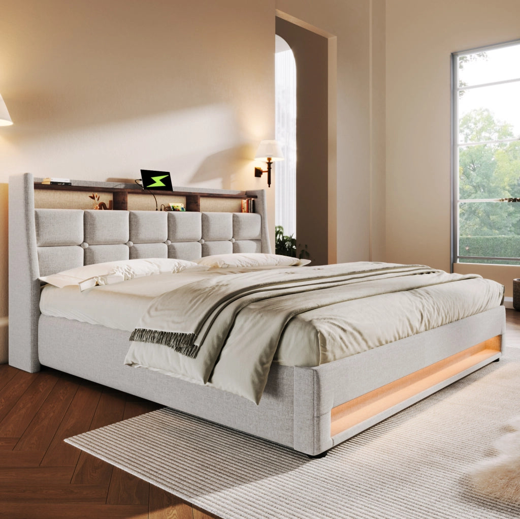 Letto imbottito beige 140x200 cm con materasso, LED, USB e vano contenitore