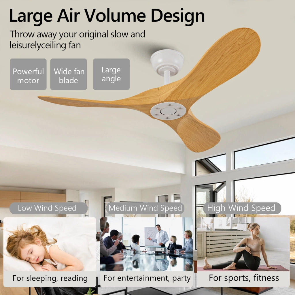 Ventilatore da soffitto 42 pollici senza luce con telecomando; 3 pale ABS; bianco e naturale