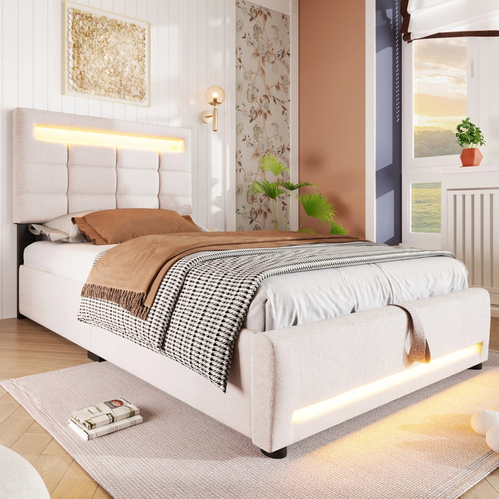 LETTO Contenitore 90x200 cm in lino Beige con APP, LED e USB