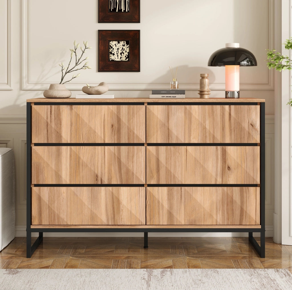 Credenza moderna con sei cassetti, nero e effetto legno