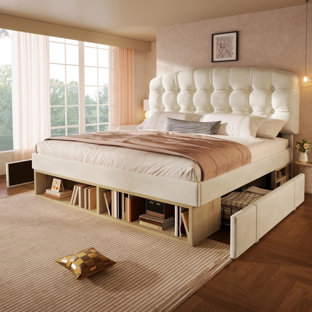 LETTO imbottito 140x200 cm in velluto beige con testiera regolabile e cassetti
