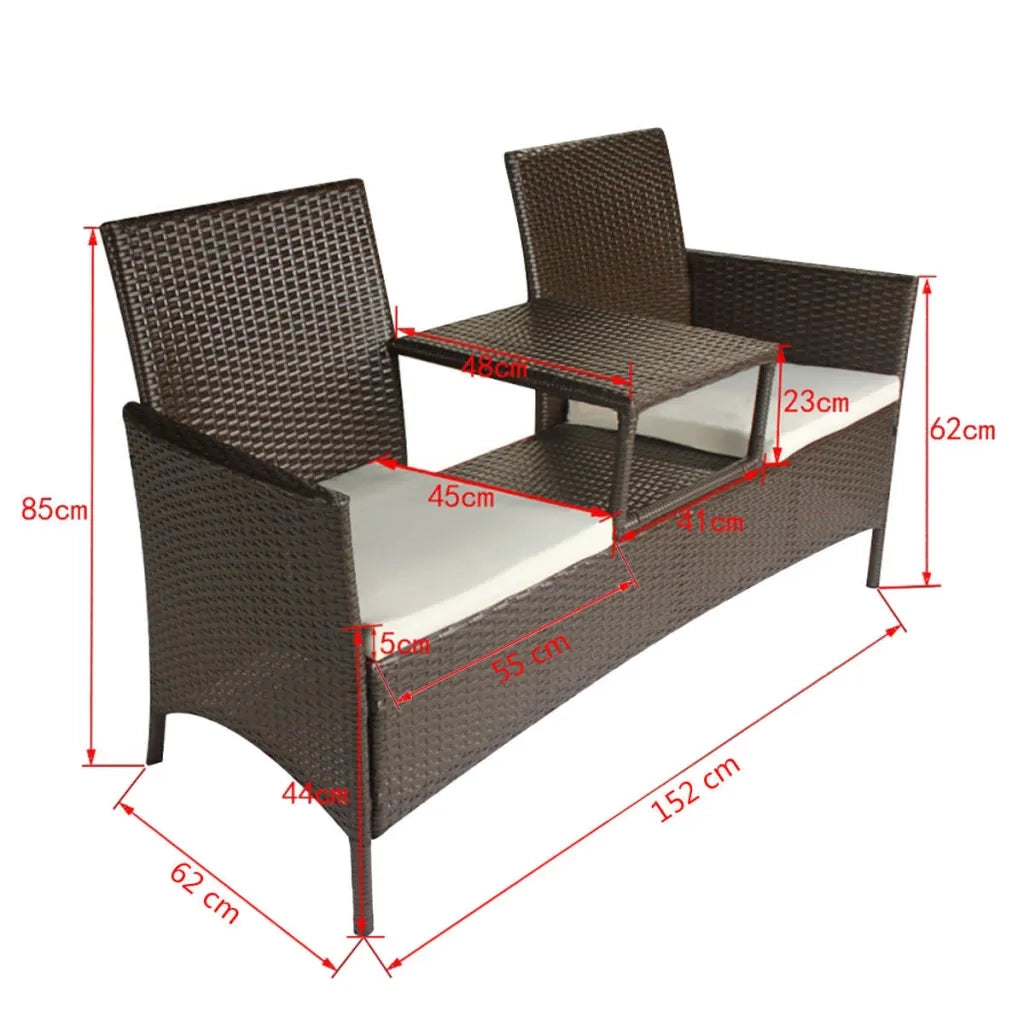 Divano da Giardino a 2 Posti con Tavolino in Polyrattan-Sofa da giardino Marrone