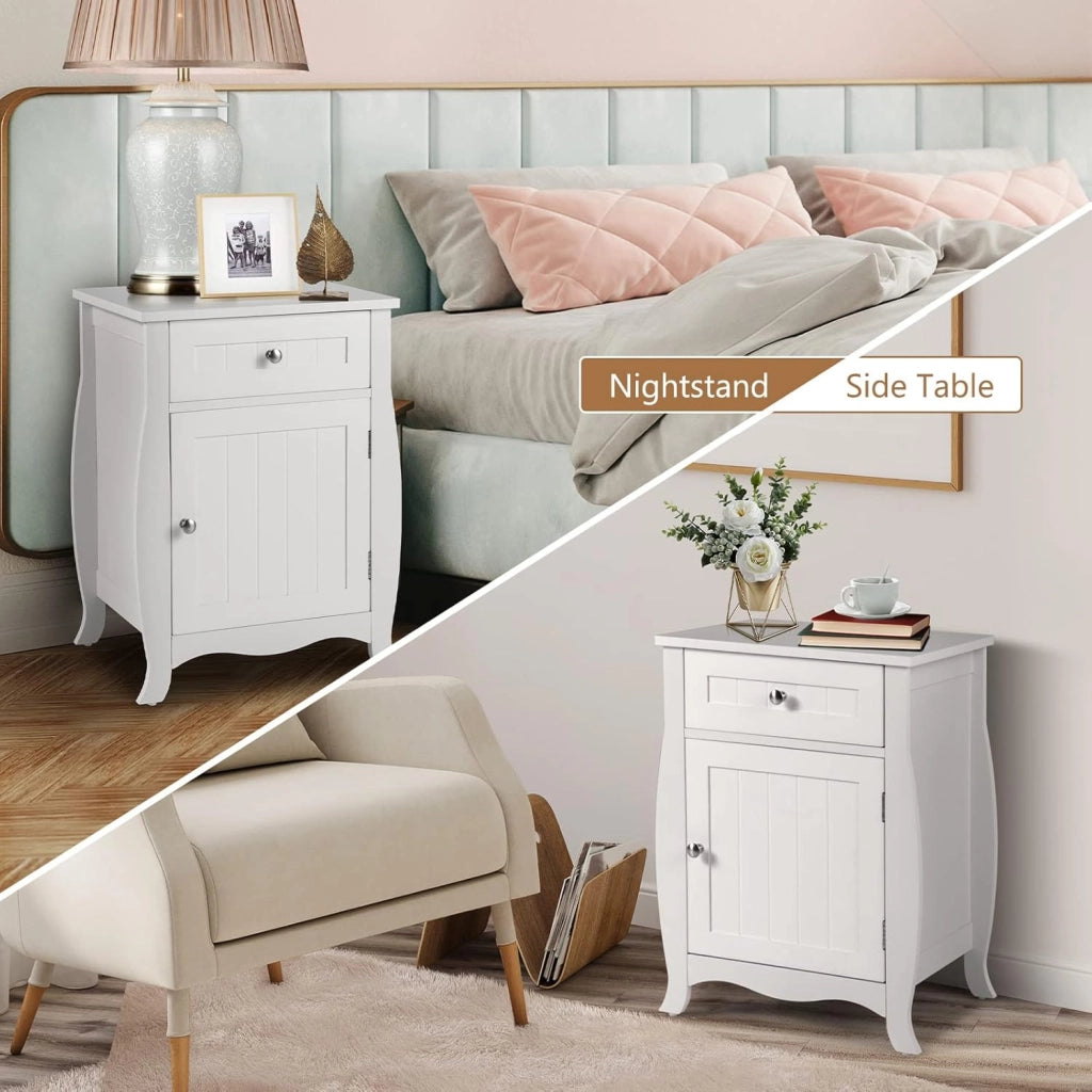 Comodino Bianco in Legno, Comodino con Cassetto e Armadio, per Camera da Letto, Soggiorno, 45 x 35 x 60,5 cm