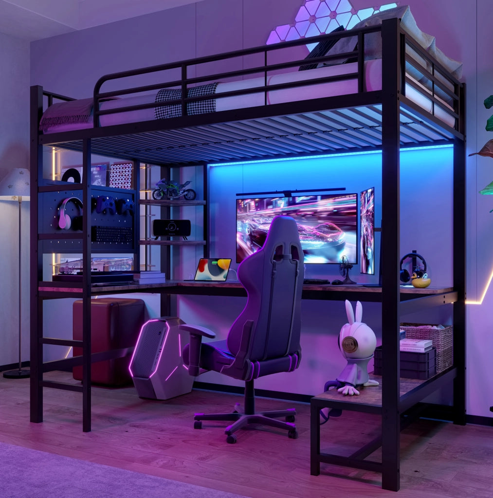 Letto a soppalco 90x200 cm con scrivania e LED; metallo; nero (Senza materasso)