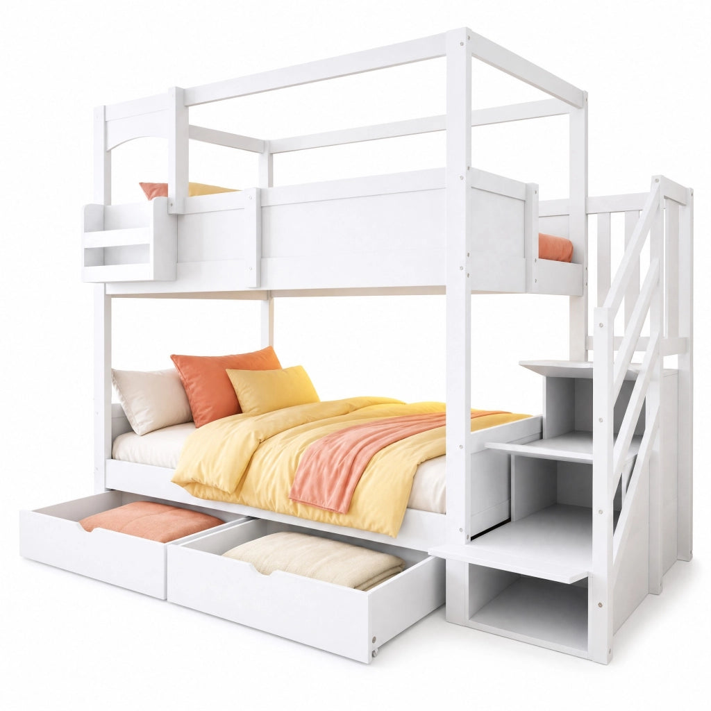Letto a castello per bambini 90x200 cm in legno; design casetta; bianco; con cassetti e scaletta contenitore