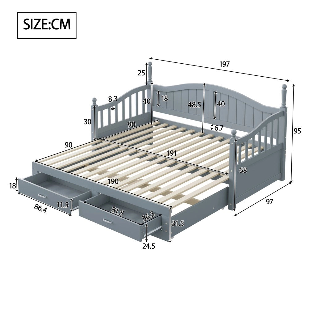 Letto Contenitore Estraibile in Legno Massello di Pino ¨C MINIMAL ¨C Grigio, con Cassetti e Doghe, 90/180x190