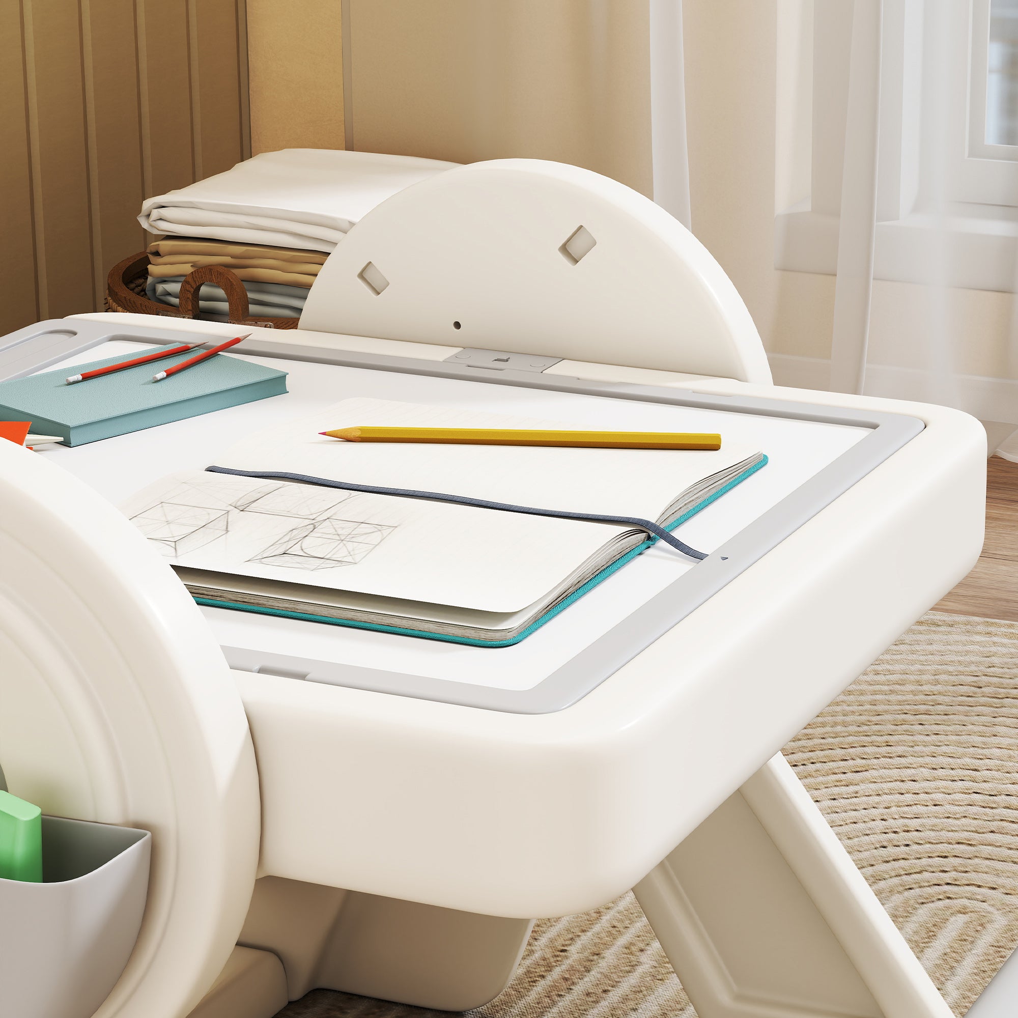 Tavolo Multiuso per Bambini con Ripiano Contenitore e Cassetti in HDPE e PP Grigio e Bianco