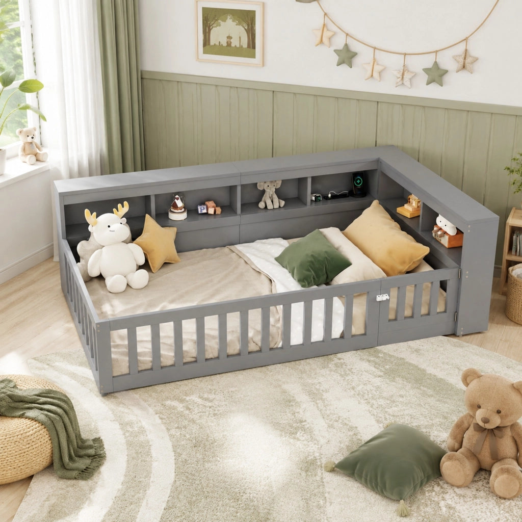 Letto a giorno con sponda; prese e USB 90x200 cm; grigio