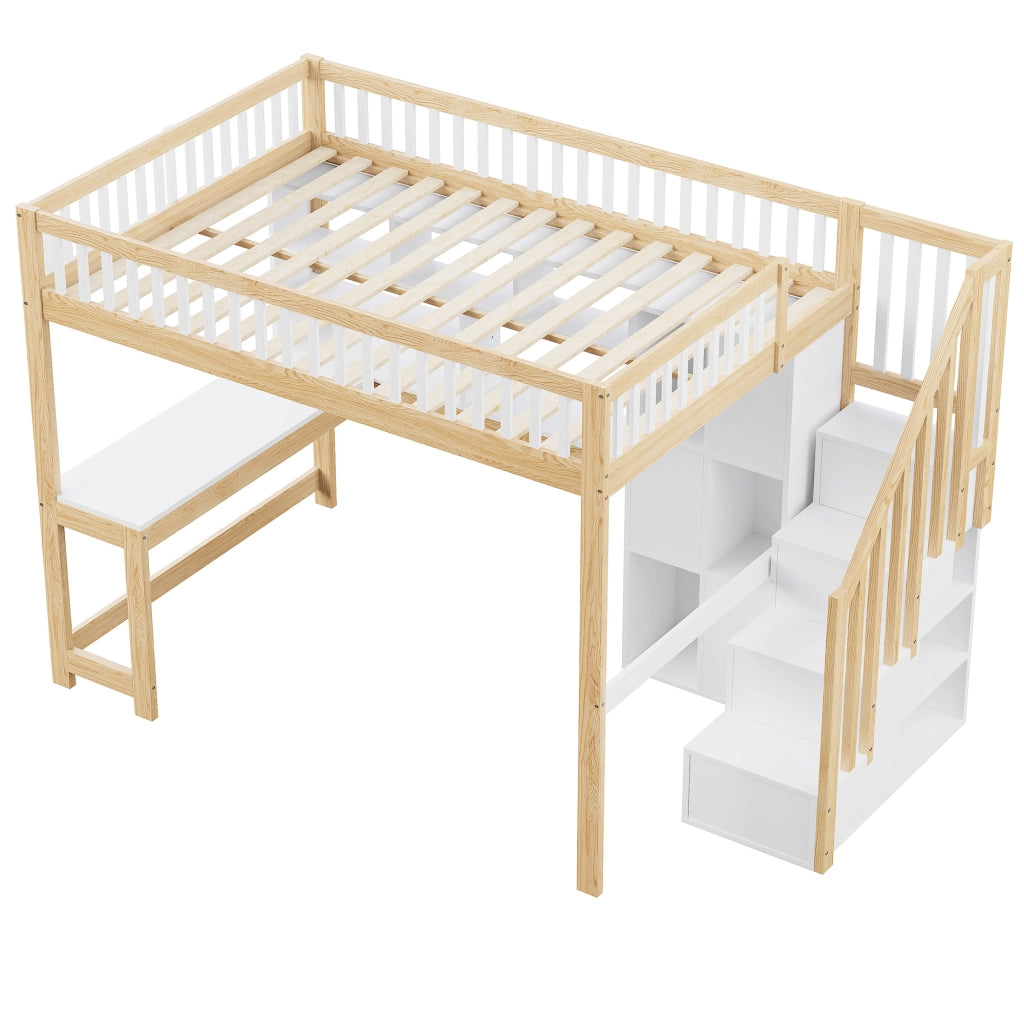 Letto a soppalco matrimoniale 140×200 cm con LED; scala contenitore; ripiani e scrivania; senza materasso
