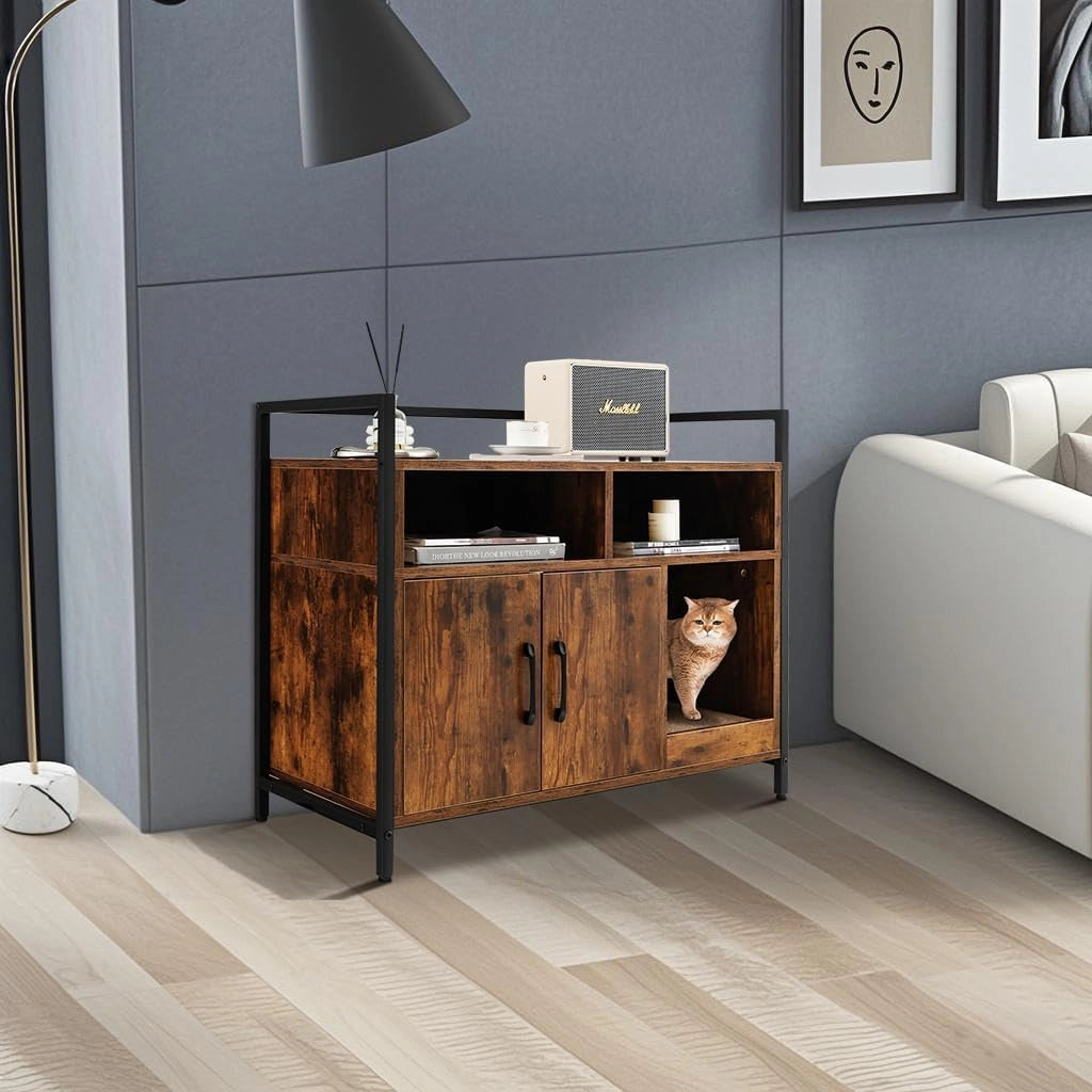 Mobile Lettiera per Gatti con 3 Ripiani Aperti e 2 Ante, Armadietto per Gatto in Legno, Grotta Rifugio con Grattatoio in Cartone Multiuso per Ingresso e Soggiorno (Marrone, 89 x 45 x 74,5 cm)