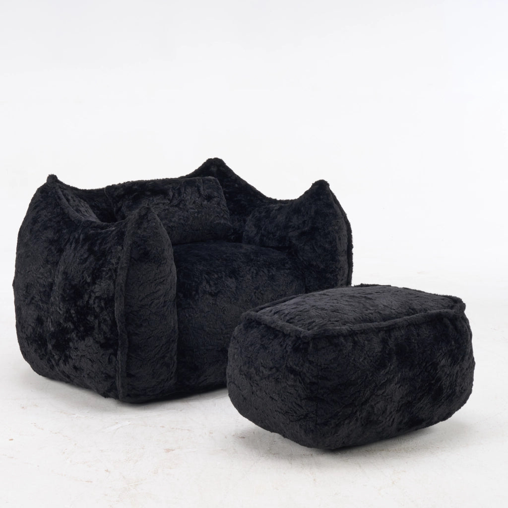 POLTRONA SACCO in Faux Fur Nera con Poggiapiedi