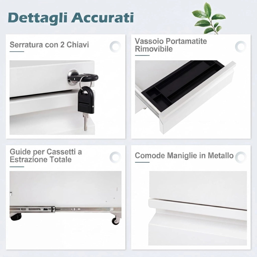 Cassettiera da Ufficio a 3 Cassetti, Mobiletto per Documenti con 5 Ruote e Serratura, Schedario da Ufficio in Acciaio per File Formato A4, Letter e Legal, 37 x 44 x 60,5 cm