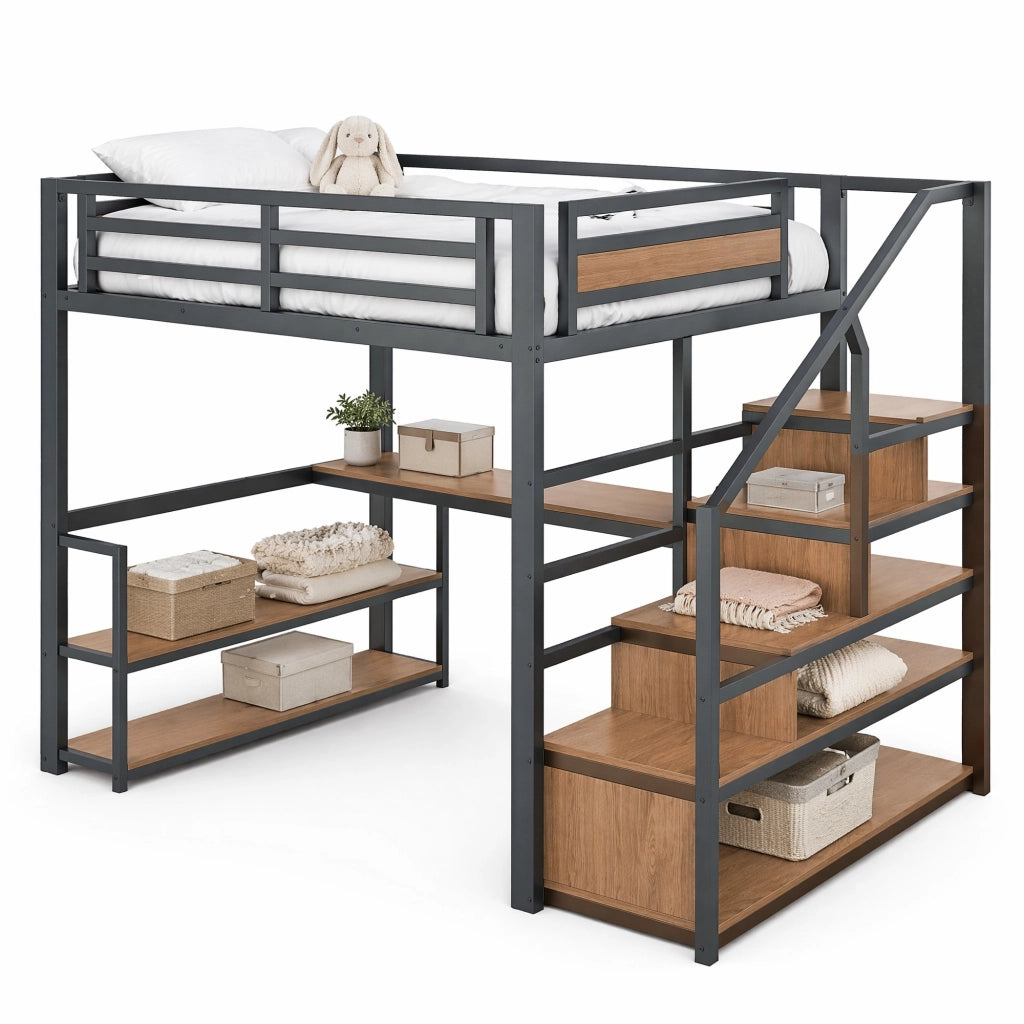Letto a soppalco in metallo 140x200 cm nero con scale contenitore, ripiani e scrivania