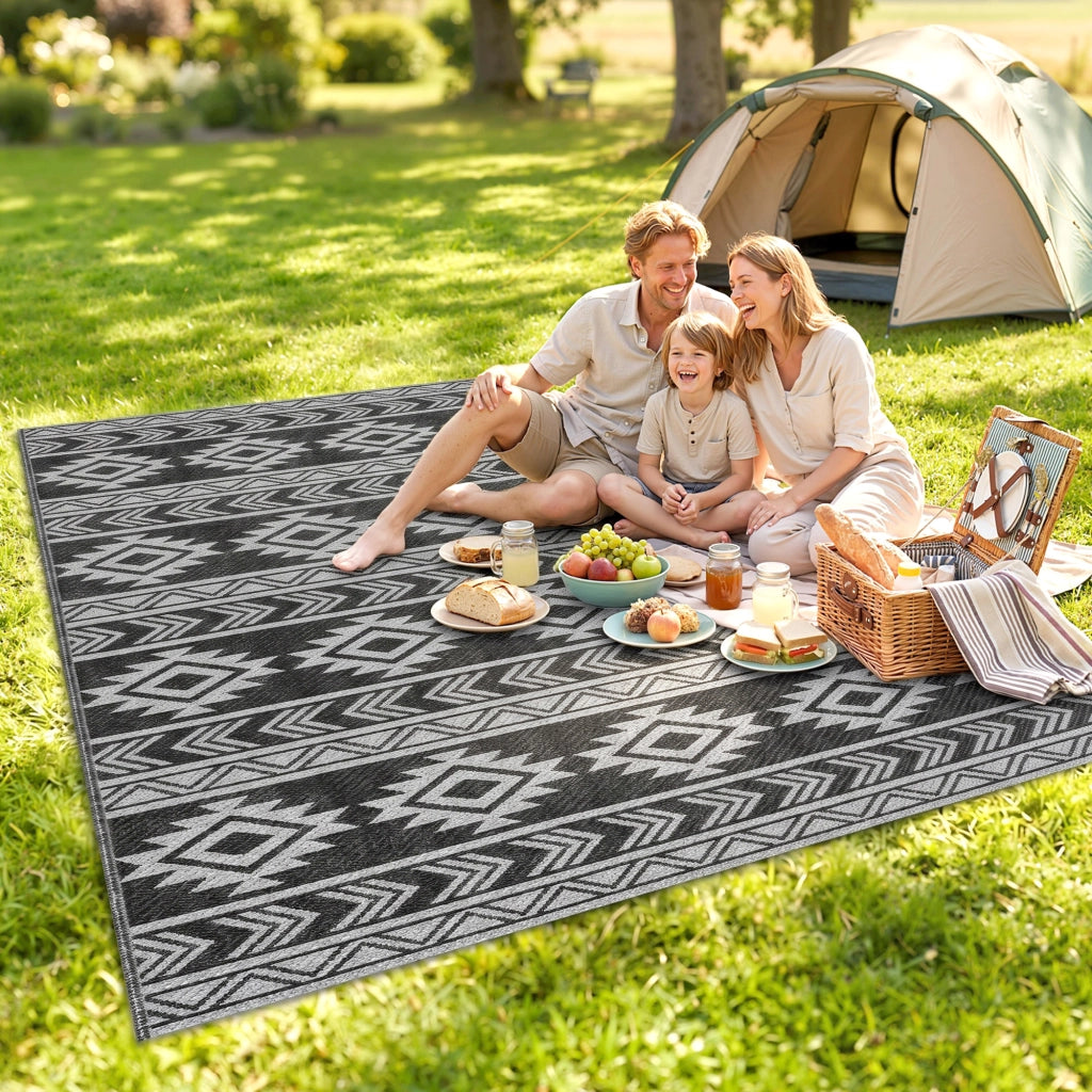 Tappeto Moderno per Esterni Nero e Grigio in PP con Design Reversibile e Pieghevole, 182x274 cm