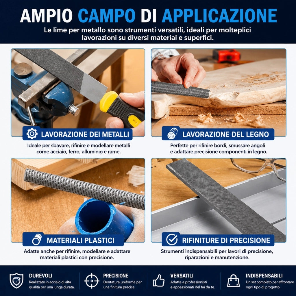 Set 3 Lime Ferro Piatta Tonda Semitonda Per Metallo Ferro Lunghezz 200mm 402003