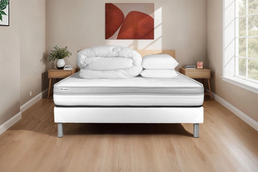 Pacchetto letto completo - Materasso 140x200cm + Box spring con doghe (kit) + 2 cuscini + Piumino - Vital Relax