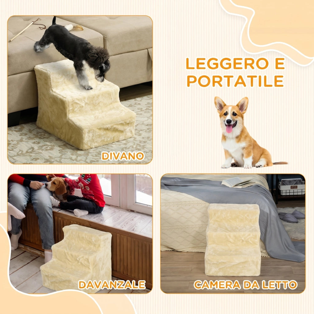 Scala per Cani a 3 Gradini per Cani e Gatti di 4,5 kg in Velluto Sfoderabile e Lavabile Beige