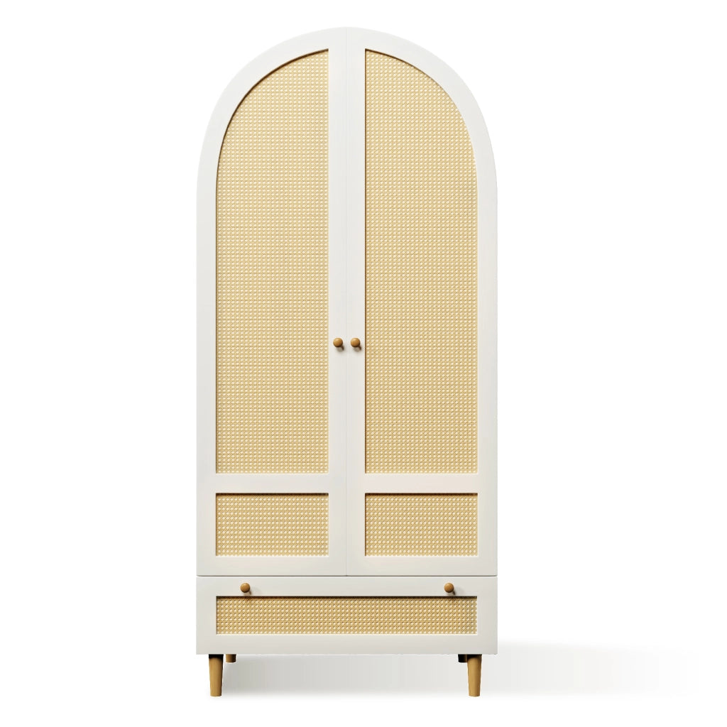 Armadio con asta e cassetto; design ad arco in rattan; per camera e ingresso; in MDF bianco; 80 × 50 × 180 cm
