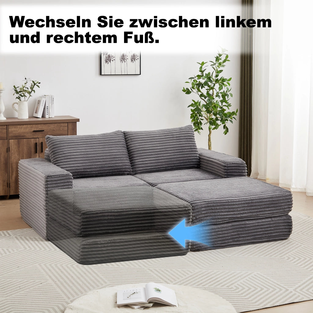Divano letto modulare in corduroy con pouf removibile, braccioli quadrati e configurazione flessibile, grigio