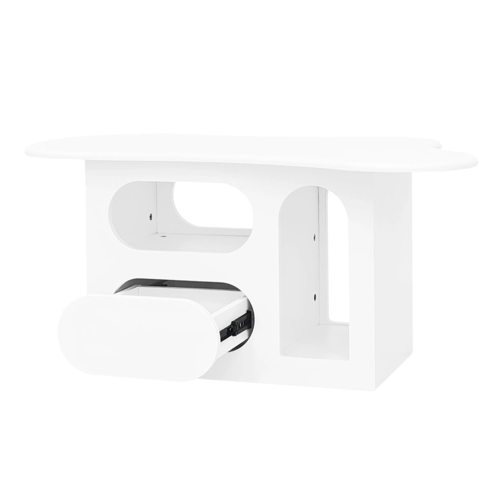 Tavolino da caffè 97x45x43;5 cm; forma a nuvola con cassetti e vani aperti; truciolare bianco